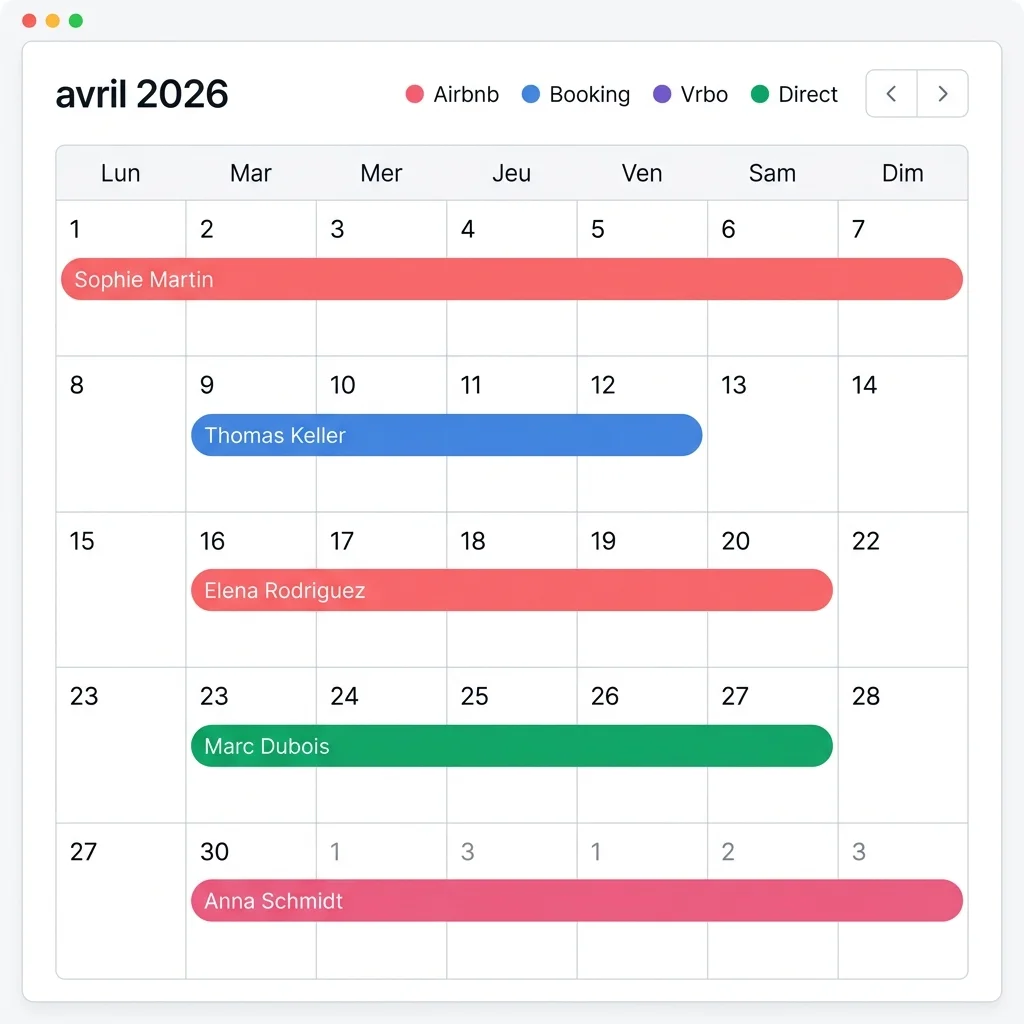 Calendrier Quido — Vue des réservations multi-plateformes